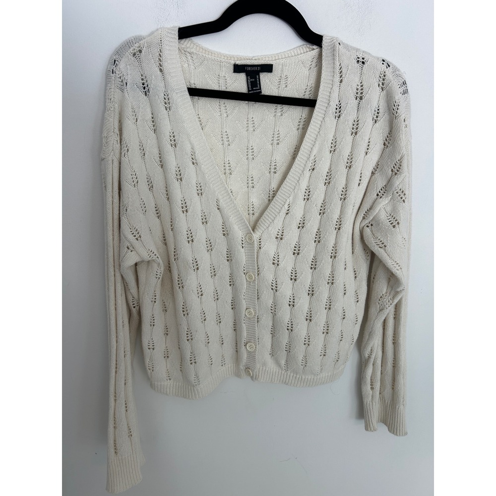 Forever 21 Ivory Pointelle Knit Button Front Cardigan Sweater Cream Womens Med